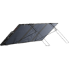 Zwei nebeneinander angeordnete dunkelblaue Solarmodule auf einem klappbaren Metallgestell mit ausgestellten Stützbeinen