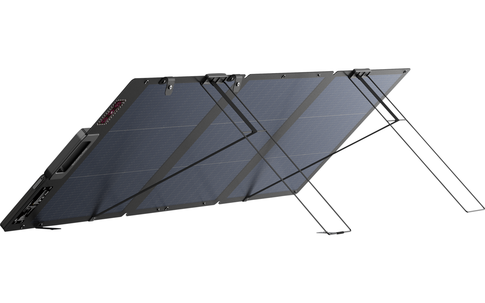 Zwei nebeneinander angeordnete dunkelblaue Solarmodule auf einem klappbaren Metallgestell mit ausgestellten Stützbeinen