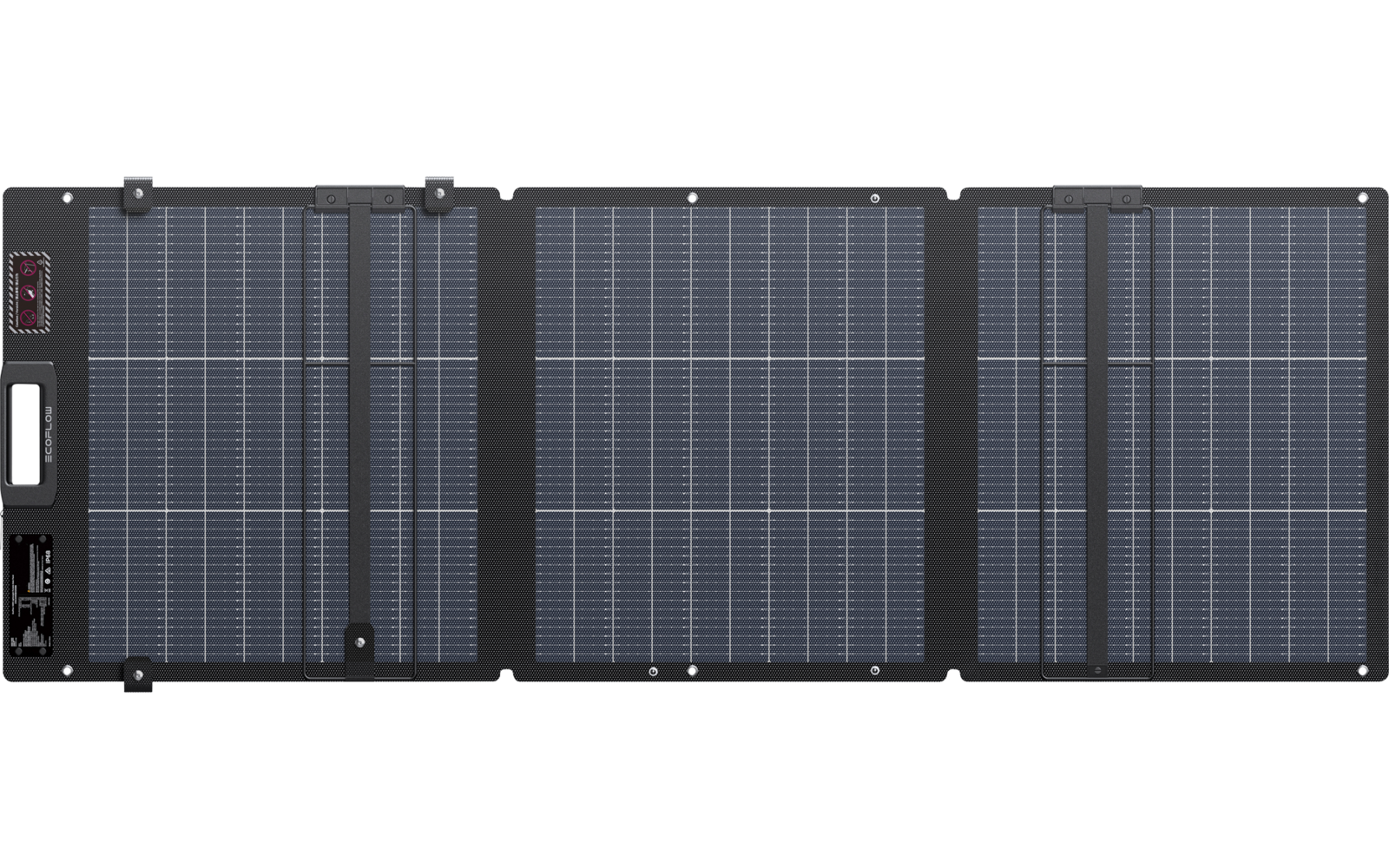 Drei verbundene rechteckige Solarmodule in schwarzem Rahmen, Zellgitter sichtbar, Scharniere zwischen den Modulen, Anschlussbuchsen links