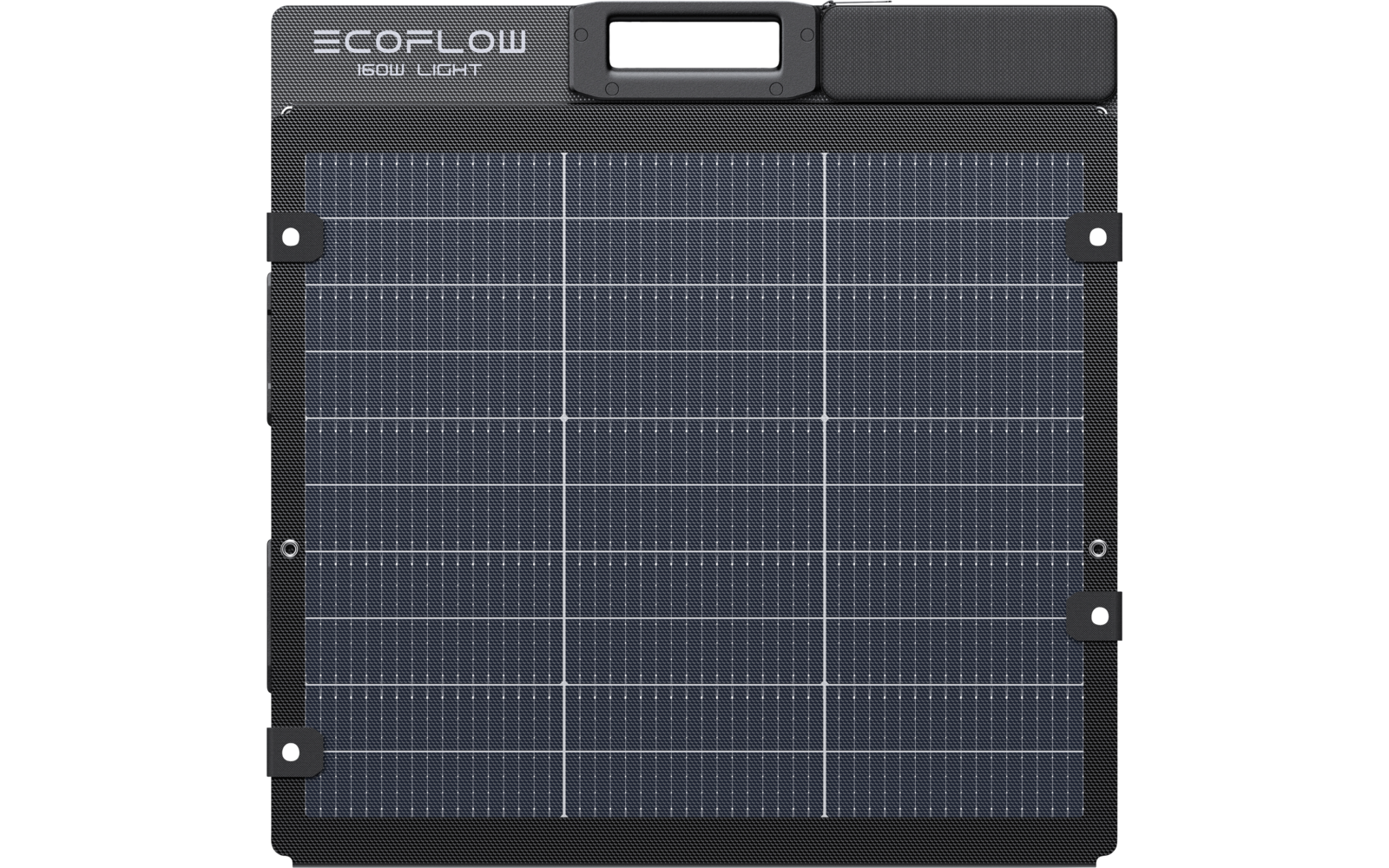 Schwarzes, quadratisches Solarpanel mit blau-grauen Solarzellen in Raster, schwarzem Rahmen, rechteckigem Griff oben und Schriftzug 'ECOFLOW' links oben