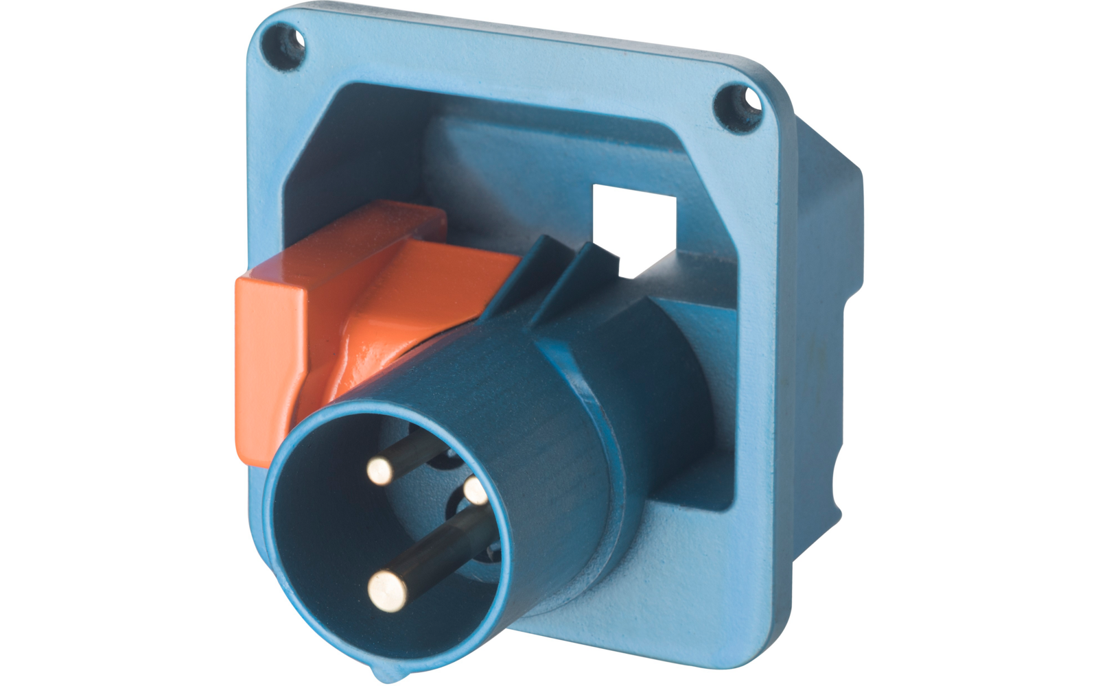 Blaue industrielle Steckdose mit orangefarbenem Schutzdeckel
