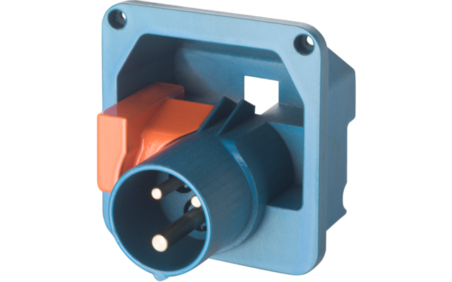 Blaue industrielle Steckdose mit orangefarbenem Schutzdeckel