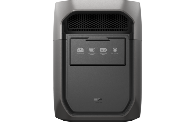 Graues rechteckiges Gerät mit abgerundeter Oberkante, schwarzem Lüftungsgitter oben, einer schwarzen Klappe in der Mitte mit drei weißen Piktogrammen und kurzen Beschriftungen und einem kleinen Logo unten