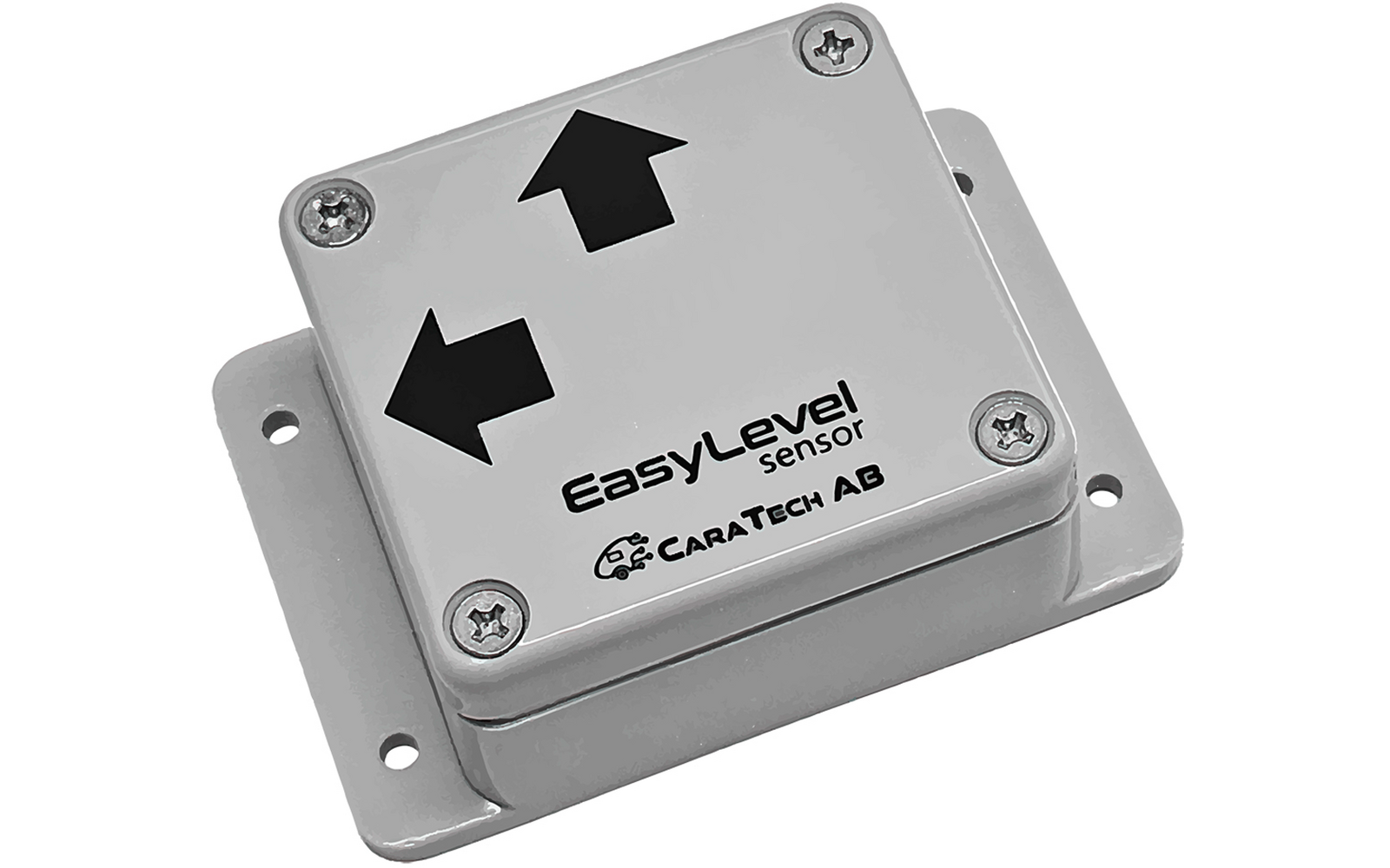 Rechteckiges hellgraues Metallgehäuse mit Aufschrift "EasyLevel sensor CaraTech AB", zwei schwarzen Pfeilen (nach oben und nach links), vier Schrauben an den Ecken und Montageplatte mit Bohrungen
