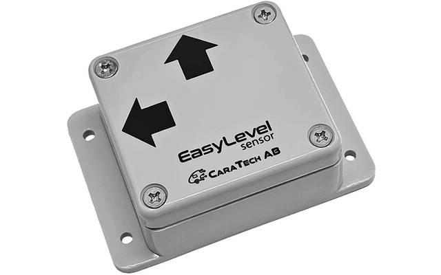 Rechteckiges hellgraues Metallgehäuse mit Aufschrift "EasyLevel sensor CaraTech AB", zwei schwarzen Pfeilen (nach oben und nach links), vier Schrauben an den Ecken und Montageplatte mit Bohrungen
