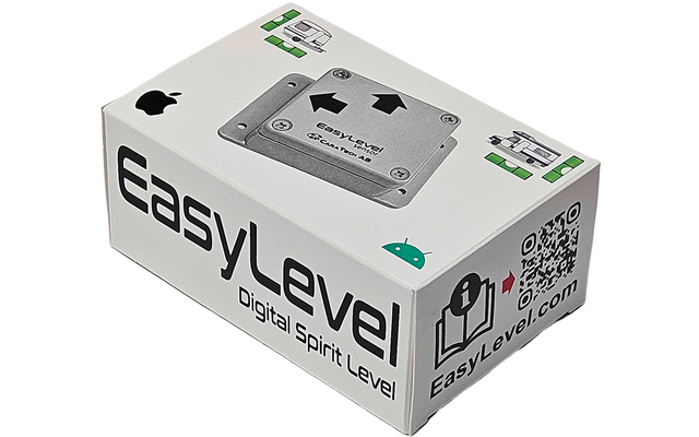 Weißer rechteckiger Produktkarton mit aufgedrucktem Bild einer Metall-Wasserwaage, Schriftzug 'EasyLevel Digital Spirit Level', Apple- und Android-Logos, QR-Code und Website 'EasyLevel.com'