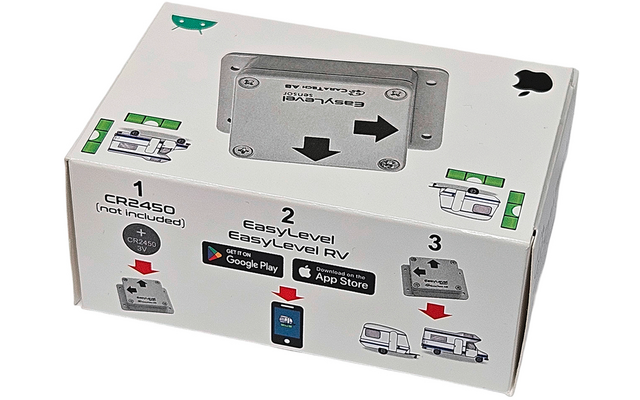 Weiße Produktverpackung mit aufgedruckter silberner rechteckiger Platte mit zwei Pfeilen, nummerierten Schrittillustrationen 1–3, CR2450-Batterieabbild mit Text "not included", Smartphone-Symbol mit Google Play- und App Store-Logos, kleine Wohnwagen-