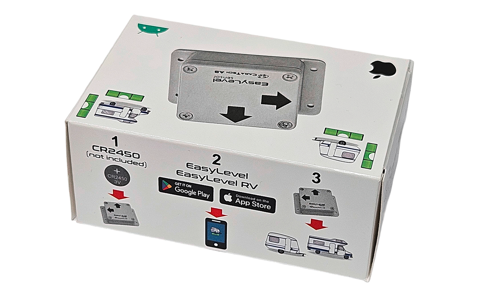 Weiße Produktverpackung mit aufgedruckter silberner rechteckiger Platte mit zwei Pfeilen, nummerierten Schrittillustrationen 1–3, CR2450-Batterieabbild mit Text "not included", Smartphone-Symbol mit Google Play- und App Store-Logos, kleine Wohnwagen-