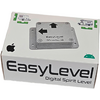 Weiße Produktverpackung mit dem Text EasyLevel Digital Spirit Level, Abbildung einer quadratischen Metallplatte mit Pfeilen und Schrauben, schwarzes Apple-Logo links, grünes Android-Symbol rechts und kleine Wohnwagen-Illustrationen in den oberen Ecke