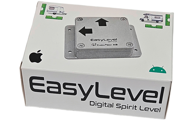 Weiße Produktverpackung mit dem Text EasyLevel Digital Spirit Level, Abbildung einer quadratischen Metallplatte mit Pfeilen und Schrauben, schwarzes Apple-Logo links, grünes Android-Symbol rechts und kleine Wohnwagen-Illustrationen in den oberen Ecke
