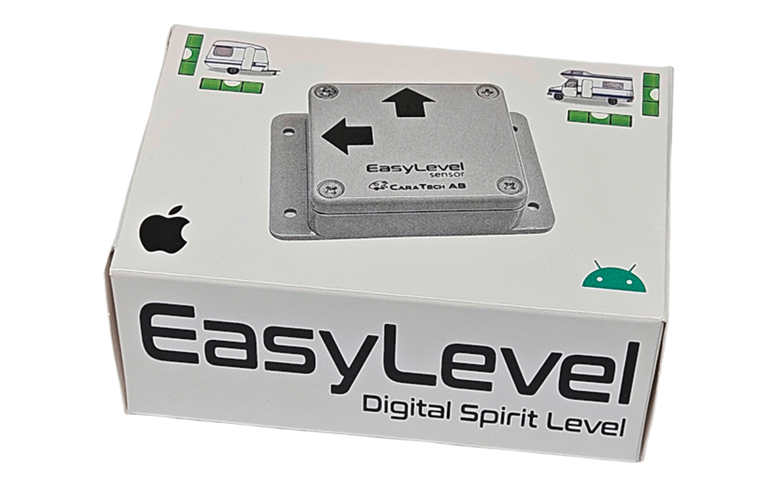 Weiße Produktverpackung mit dem Text EasyLevel Digital Spirit Level, Abbildung einer quadratischen Metallplatte mit Pfeilen und Schrauben, schwarzes Apple-Logo links, grünes Android-Symbol rechts und kleine Wohnwagen-Illustrationen in den oberen Ecke