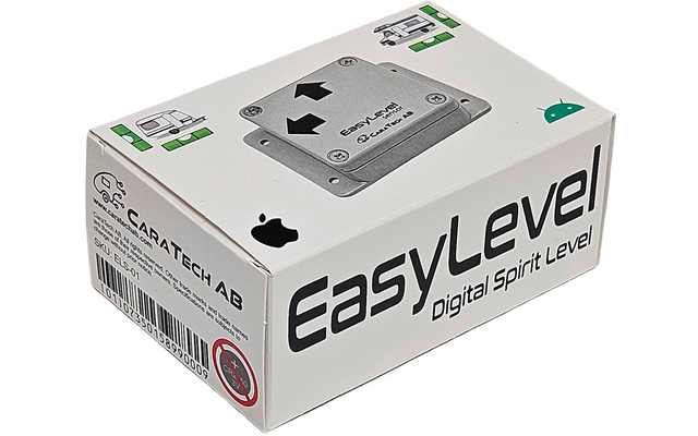 Weiße rechteckige Box mit der Aufschrift 'EasyLevel Digital Spirit Level', Abbildung eines metallischen Nivelliergeräts mit Pfeil, schwarzes Apple-Logo, grüner Android-Roboter, Herstellername 'Caratech AB', Barcode und Prüfzeichen