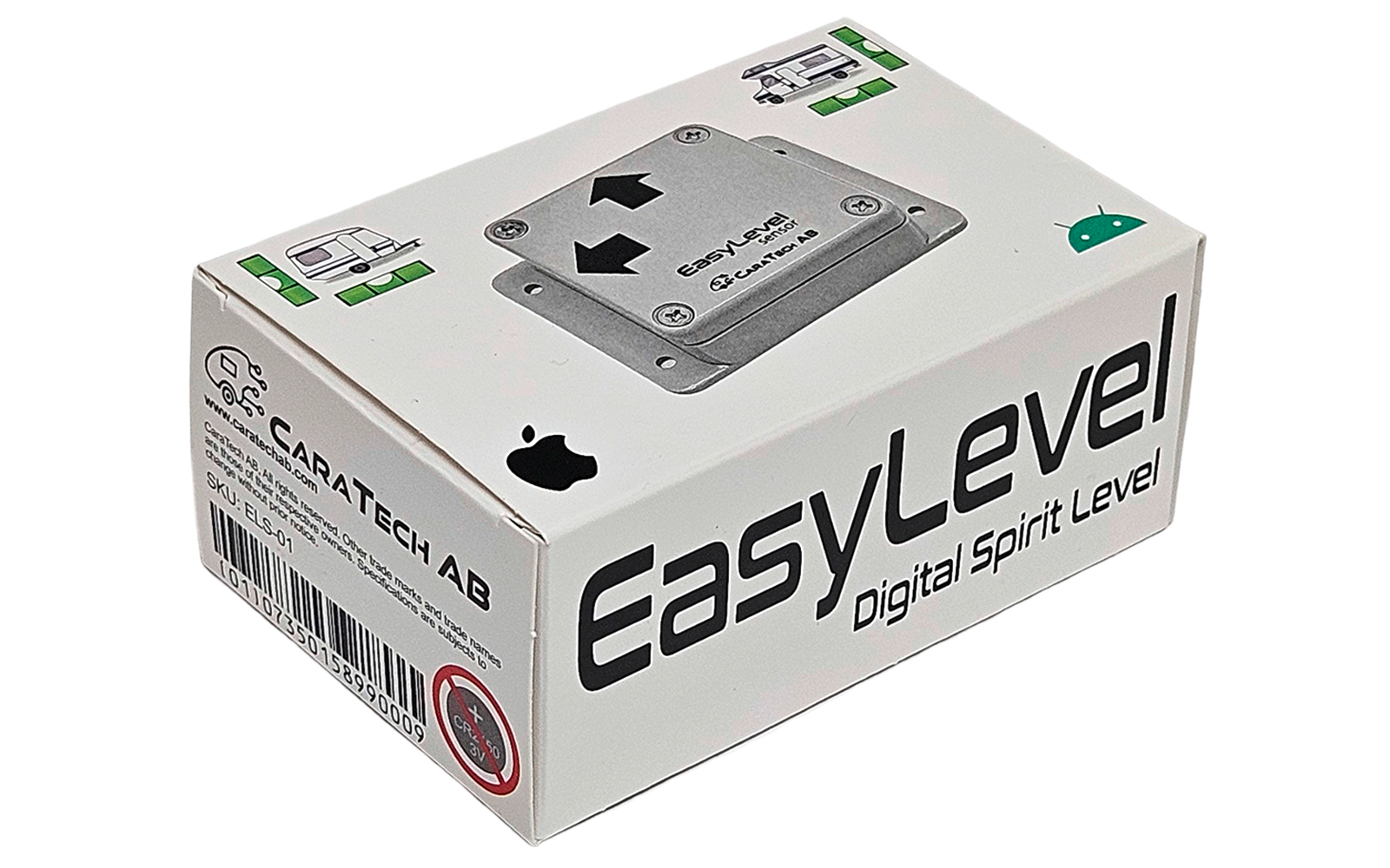 Weiße rechteckige Box mit der Aufschrift 'EasyLevel Digital Spirit Level', Abbildung eines metallischen Nivelliergeräts mit Pfeil, schwarzes Apple-Logo, grüner Android-Roboter, Herstellername 'Caratech AB', Barcode und Prüfzeichen