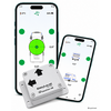 Deux smartphones affichant une application montrant une voiture vue de dessus et des cercles verts, devant un appareil rectangulaire blanc avec quatre vis et l'inscription EasyLevel