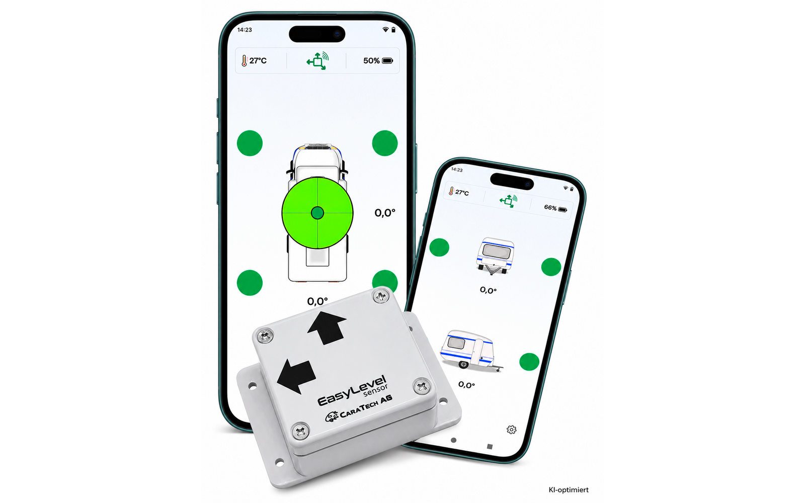 Deux smartphones affichant une application montrant une voiture vue de dessus et des cercles verts, devant un appareil rectangulaire blanc avec quatre vis et l'inscription EasyLevel