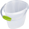 Transparenter Eimer mit grünem Griff und Maßangaben