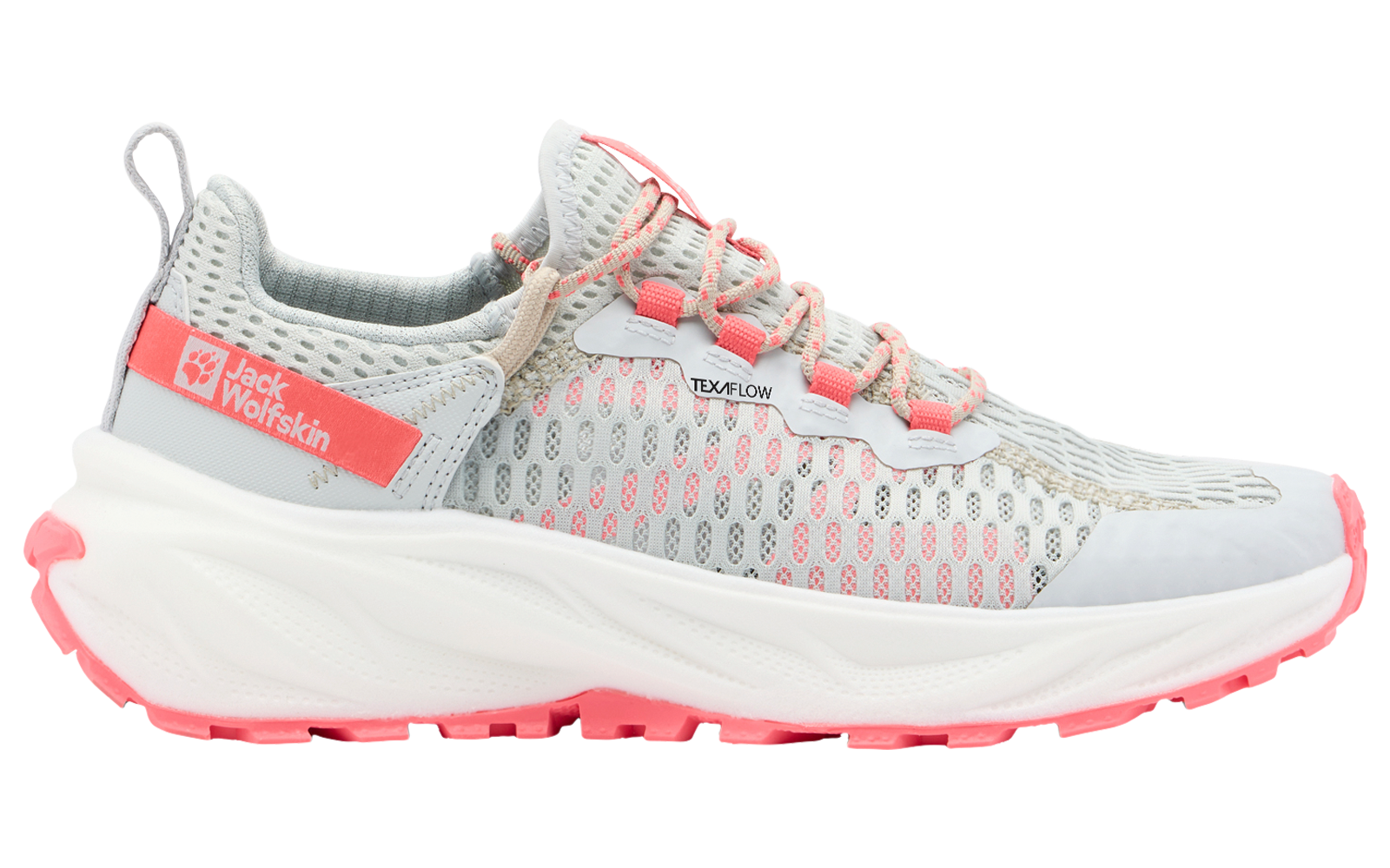 Weißer Sportschuh mit grauem Netzmuster und rosa Details, seitliche Ansicht