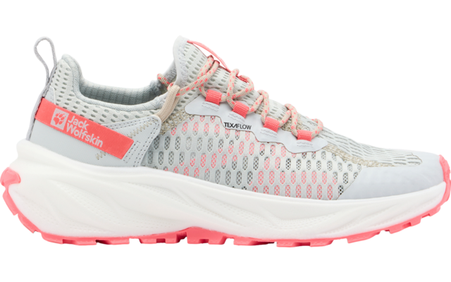 Weißer Sportschuh mit grauem Netzmuster und rosa Details, seitliche Ansicht