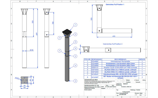 Technische Zeichnung eines Pfostens mit Maßen und Details