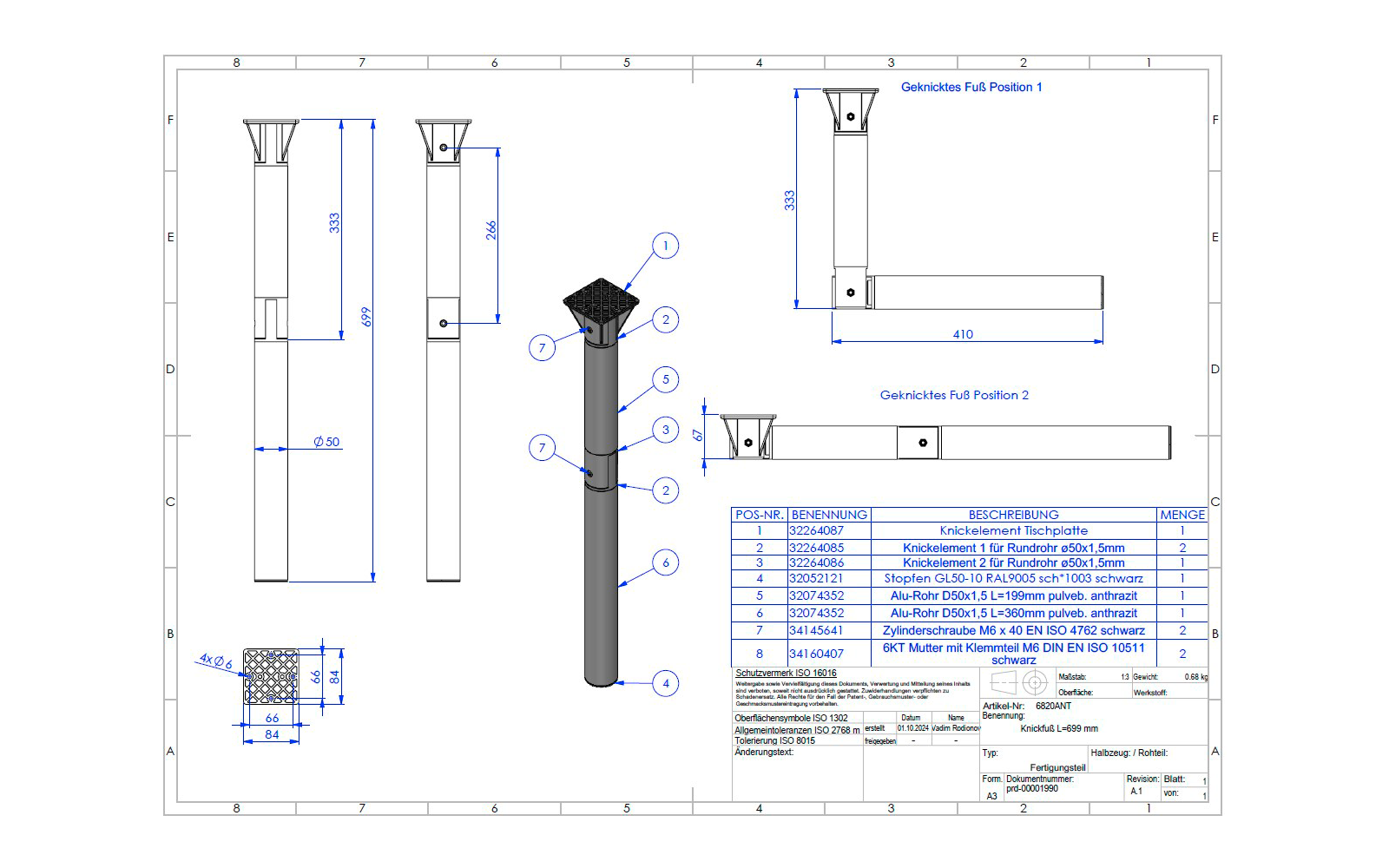 Technische Zeichnung eines Pfostens mit Maßen und Details
