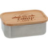 Boîte à lunch rectangulaire en acier inoxydable avec couvercle en bois et inscription gravée