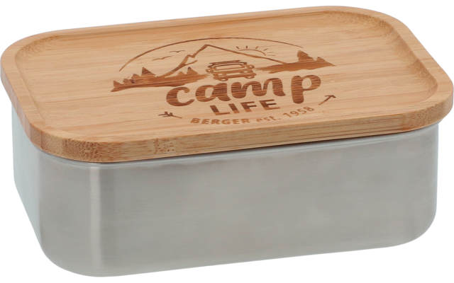 Boîte à lunch rectangulaire en acier inoxydable avec couvercle en bois et inscription gravée