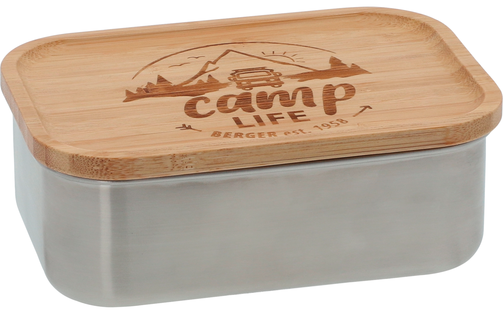 Boîte à lunch rectangulaire en acier inoxydable avec couvercle en bois et inscription gravée