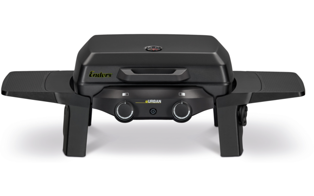 Schwarzes Grillgerät mit geschlossenem Deckel, zwei Drehreglern vorne und ausklappbaren Seitentischen, Frontalansicht