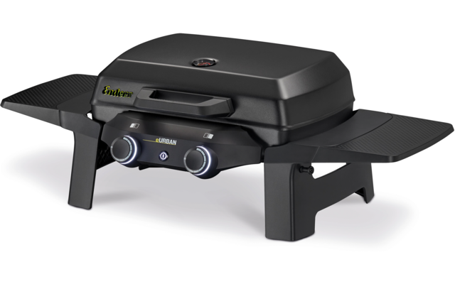 Schwarzer Gasgrill mit geschlossenem Deckel, zwei Drehreglern vorne, zwei seitlichen Ablagen, Standbeinen und rundem Anzeigeinstrument auf dem Deckel