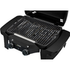 Kompakter schwarzer Gasgrill mit geöffnetem Deckel, Metallgrillrost, zwei vorderen Drehreglern und seitlichen Ablageflächen