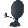 Dunkelgraue runde Satellitenschüssel mit Ausleger und LNB, montiert auf runder Basis mit Saugnapf und Entriegelungshebel