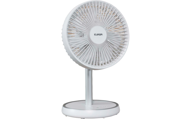 Ventilateur de table blanc sur une commode en bois clair, vase en céramique grise à gauche, mur à lamelles de bois clair en arrière-plan, plinthe blanche et sol en bois