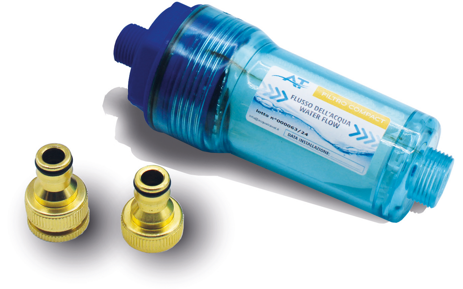 Corps cylindrique en plastique translucide bleu-turquoise avec une étiquette et des extrémités filetées, à côté de deux pièces métalliques dorées avec des joints d'étanchéité noirs sur fond blanc