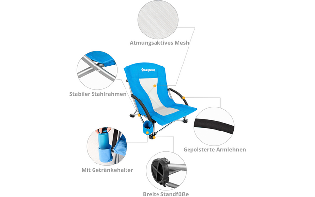 Blaue Gehhilfe mit Armlehnen, Sitzfläche und Rückenlehne, verstellbare Knieschiene, Stützräder und Griff am Rahmen