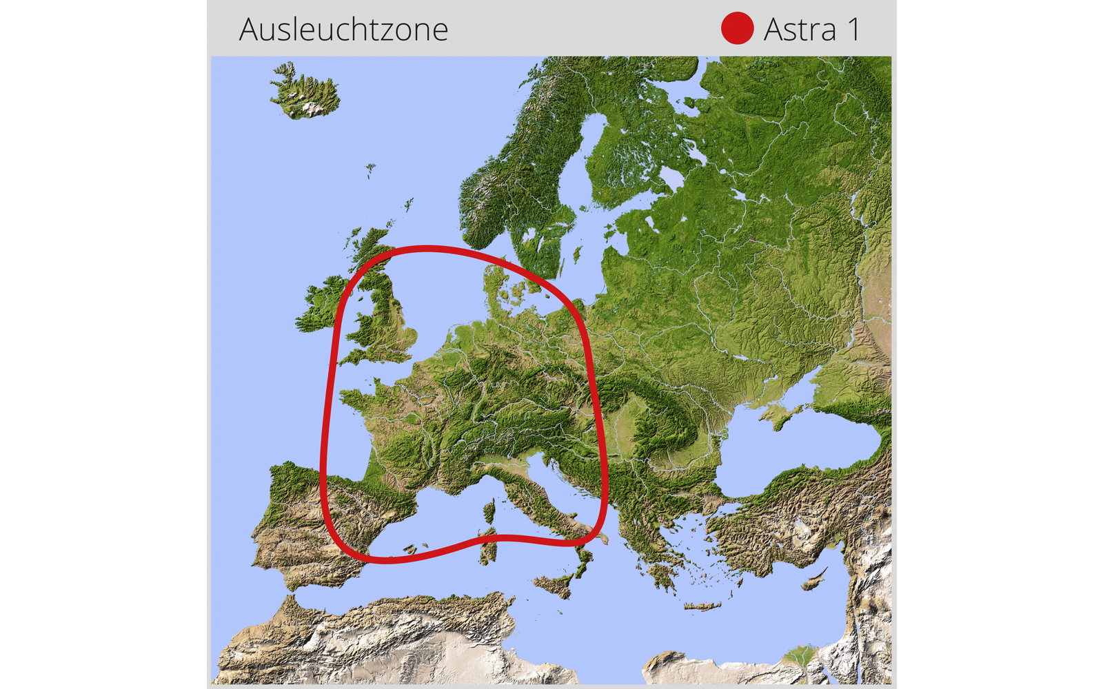 Karte von Europa mit rotem handgezeichnetem Kreis über Iberischer Halbinsel, Frankreich, Italien und angrenzenden Regionen; oben links Schrift 'Ausleuchtzone', oben rechts roter Punkt und Schrift 'Astra 1'