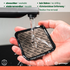 Twee handen houden een vierkante kleefgel-pad met 'gelmags'-patroon onder stromend water; rand toont 'Flexigel-Untersetzer'; boven bulletteksten en onder 'Made in Germany'-symbool en gelmags-logo