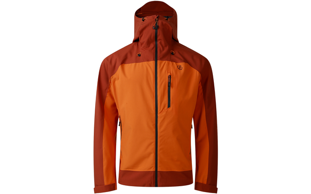 Orange-rote Kapuzenjacke, Frontalansicht, durchgehender schwarzer Reißverschluss, vertikale Brusttasche mit schwarzem Reißverschluss, dunkleres Rot an Schultern, Ärmeln und Kapuze