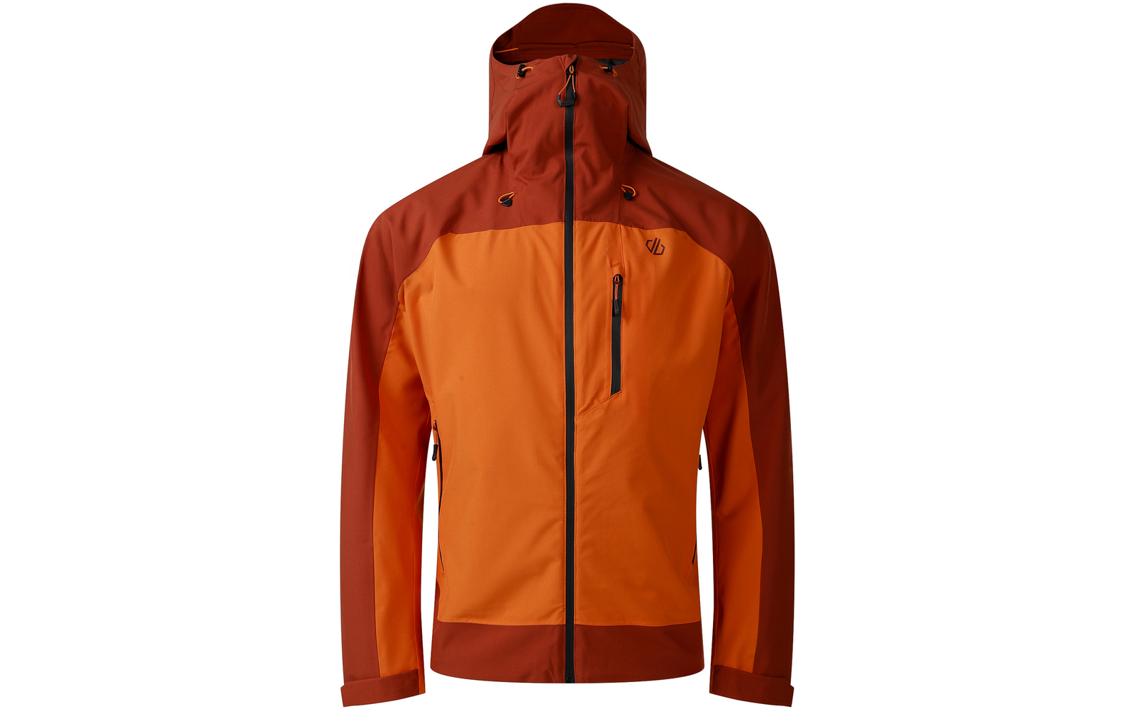 Orange-rote Kapuzenjacke, Frontalansicht, durchgehender schwarzer Reißverschluss, vertikale Brusttasche mit schwarzem Reißverschluss, dunkleres Rot an Schultern, Ärmeln und Kapuze