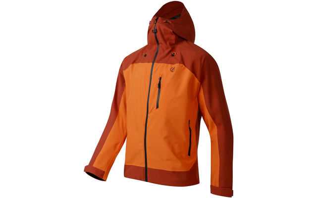 Zweifarbige orange-rote Kapuzenjacke mit Frontreißverschluss, Brustreißverschlusstasche, zwei seitlichen Reißverschlusstaschen und sichtbarem Logo auf der Brust