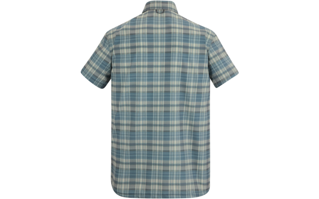 Rückansicht eines kurzärmligen karierten Hemds mit Kragen in Blau- und Grüntönen