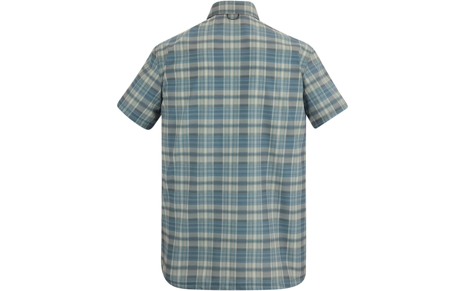 Rückansicht eines kurzärmligen karierten Hemds mit Kragen in Blau- und Grüntönen