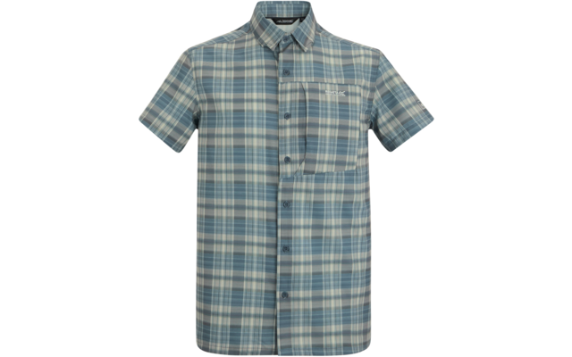 Kurzärmeliges Hemd mit Kragen, blau-beige Karo, durchgehender Knopfleiste und Brusttasche mit kleinem Logo