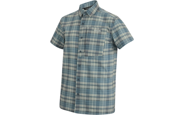 Kurzärmeliges kariertes Hemd in Blau, Hellblau und Grau mit Kragen, Knopfleiste und Brusttasche