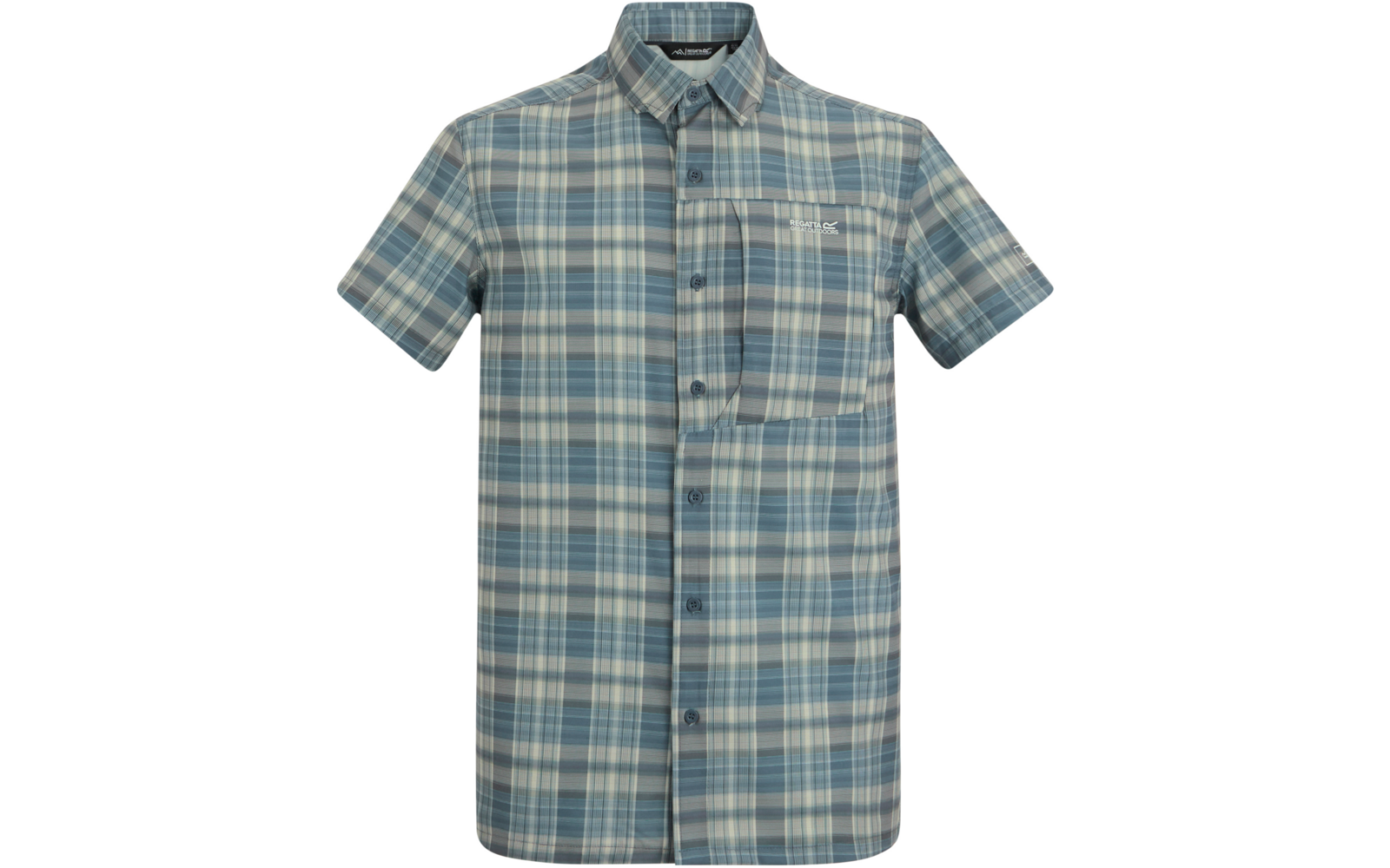 Kurzärmeliges Hemd mit Kragen, blau-beige Karo, durchgehender Knopfleiste und Brusttasche mit kleinem Logo
