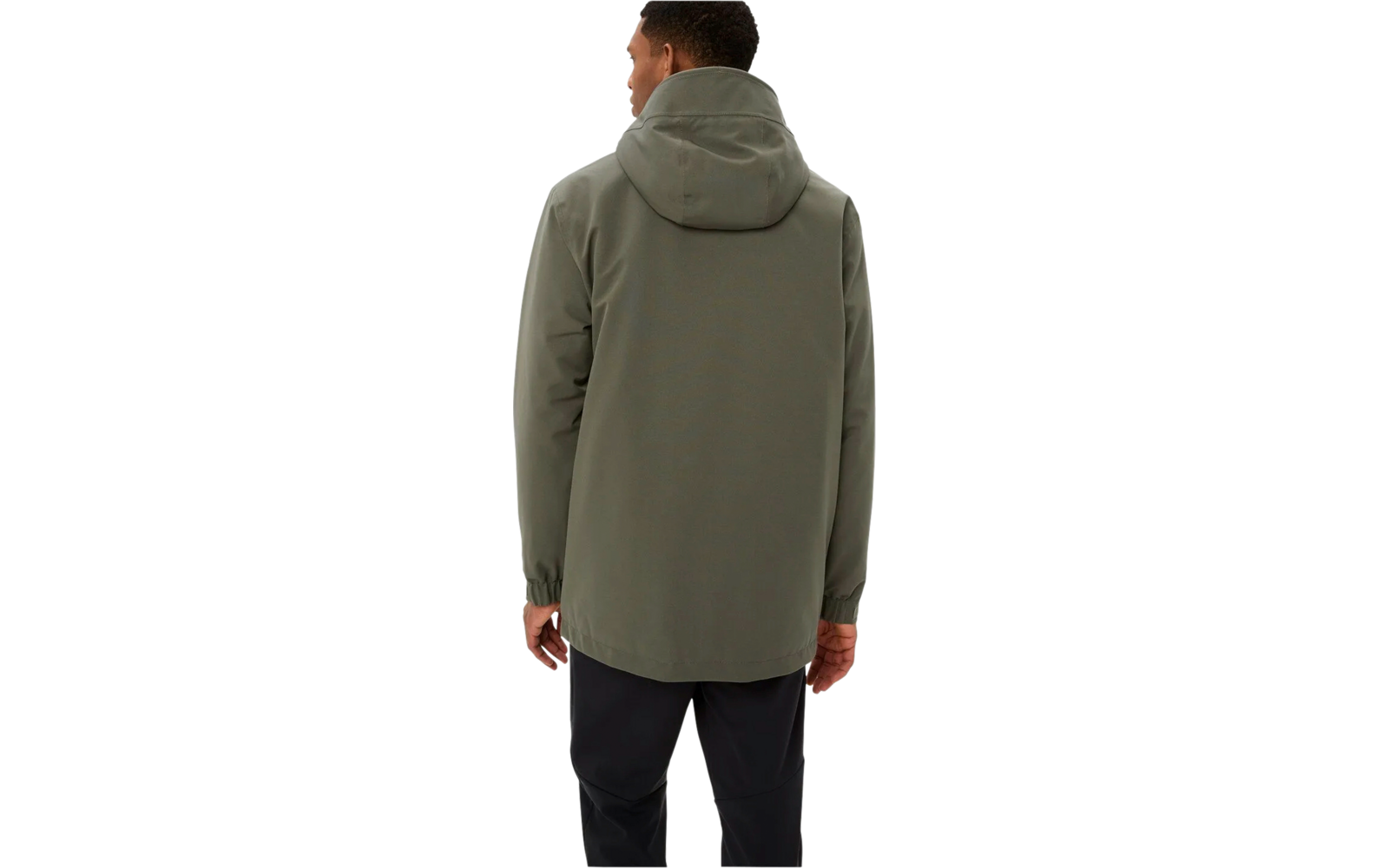 Person von hinten mit grüner Kapuzenjacke und schwarzer Hose