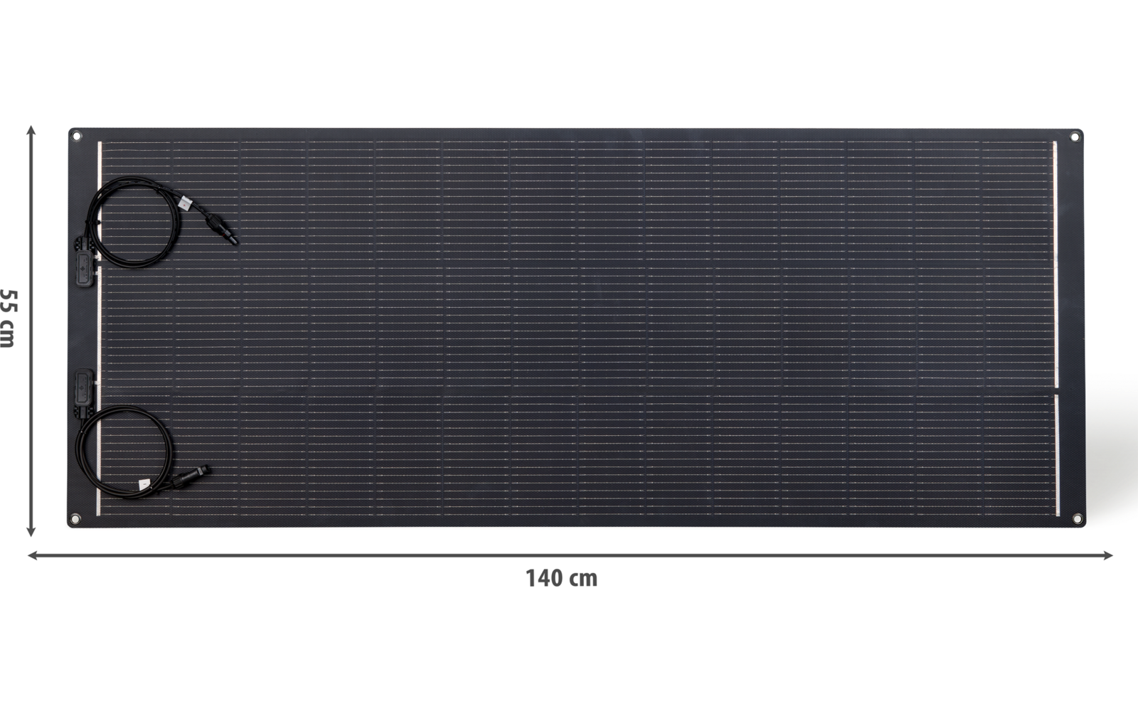 Panneau solaire rectangulaire noir avec réseau de cellules, deux câbles enroulés à gauche, trous de fixation aux angles sur fond blanc ; indications de dimensions visibles '140 cm' (en bas) et '55 cm' (à gauche)