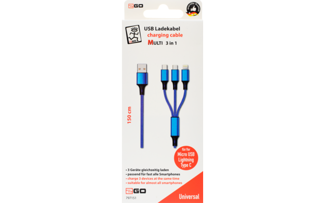 2GO USB 3 in 1 charging cable 150 cm blue