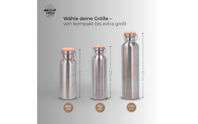 Camplife Edelstahl Isolierflasche mit Bambusdeckel 600 ml