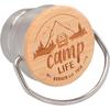 Wooden cap with a mountain landscape, a tent, and the text 'camp LIFE'