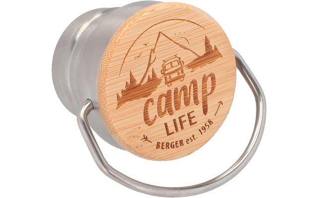 Wooden cap with a mountain landscape, a tent, and the text 'camp LIFE'